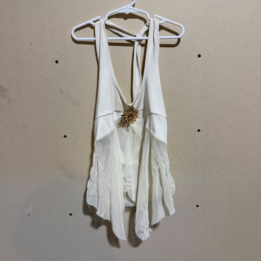Cream Halter Top Gold Sunburst Medallion Distressed Sheer Mesh Festival Small